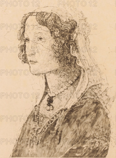 Detail from a fresco by Botticelli, face of a young woman, print, annotation: '1er etat, 3 epreuves de c'est état', printmaker: Auguste Danse (signed by artist), after design by Sandro Botticelli, 1895, Auguste Danse, Sandro Botticelli, printmaker, after design by, paper, etching, drypoint, height 362 mm x width 270 mm, The right figure from the fresco 'Venus and the Three Graces Offering Gifts to a Young Lady'., adolescent, young woman, maiden, A sepia-toned pencil or ink portrait of a woman in profile facing left, showing her head, neck, and upper torso; she has wavy hair styled with curls framing her face and a veil or headdress falling behind her head; her facial features include a straight nose, visible eye with a calm expression, and closed lips; she wears layered necklaces including a beaded strand and a pendant, and a garment with a high neckline and textured fabric; the image surface shows visible cracks and paper texture throughout.