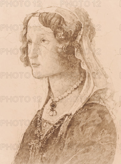 Detail from a fresco by Botticelli, face of a young woman, print, annotation: '3eme etat epreuve unique', printmaker: Auguste Danse (signed by artist), after design by Sandro Botticelli, 1897, paper, chine collé, etching, drypoint, intaglio printmaking technique, height 362 mm x width 270 mm, The right figure from the fresco 'Venus and the Three Graces Offering Gifts to a Young Lady'., adolescent, young woman, maiden, A sepia-toned drawing of a young person in profile facing left, showing a detailed head and upper torso with wavy hair partially covered by a draped veil, a round beaded necklace with a pendant, layered necklaces and patterned clothing, fine shading and pencil-like lines rendering facial features, hair texture, and fabric, with visible cracks and aged surface marks across the image.