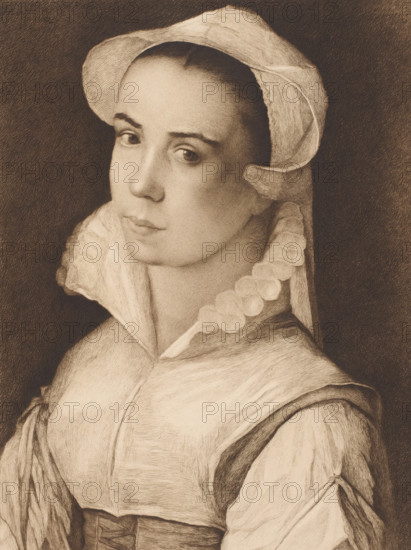 Portrait of an unknown young woman, print, annotation: 'epreuve d'artiste dernier etat', printmaker: Auguste Danse (signed by artist), after design by Pieter Aertsen, 1895, Auguste Danse, Pieter Aertsen, printmaker, after design by, paper, chine collé, etching, drypoint, intaglio printmaking technique, height 358 mm x width 270 mm, adolescent, young woman, maiden, A sepia-toned portrait of a woman shown from the chest upward wearing a brimmed cap and a high, ruffled collar, her hair mostly covered, with soft, detailed shading across her face and clothing, a beaded decoration at the shoulder, and a dark textured background.