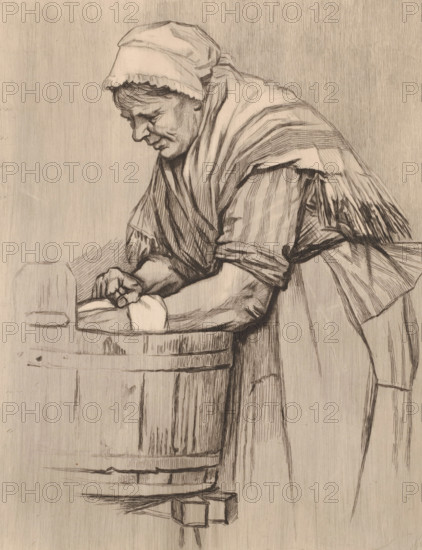 Woman by a washbasin, print, annotation: '2nd state', printmaker: Auguste Danse (signed by artist), 1882, paper, etching, drypoint, intaglio printmaking technique, height 318 mm x width 247 mm, laundering, A monochrome line drawing of an older woman leaning forward over a wooden barrel, wearing a headscarf with a ruffled edge and a shawl draped over her shoulders; her face is shown in profile with downcast eyes and visible facial lines, her sleeves are rolled and one forearm rests on the barrel while her hands press against a cloth or object on the barrel's rim; the barrel shows visible staves and hoops, and the woman's clothing has detailed folds and parallel hatch shading throughout the composition.