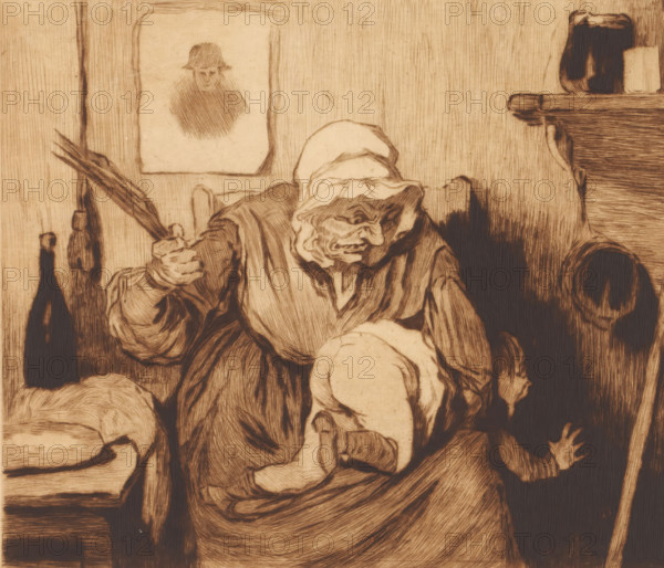 Child spanked by an old woman, print, annotation: '3rd state, two proofs', printmaker: Auguste Danse (signed by artist), after design by Honoré Daumier, 1896, paper, etching, drypoint, intaglio printmaking technique, etching and drypoint with plate tone, printed in brown, height 458 mm x width 272 mm, feeling (one of the five senses), spanking, drubbing (of naughty children), An etched scene shows an older woman with a headscarf and heavy folds of clothing seated and holding a bundle while a smaller figure faces her with an outstretched hand; the older woman's face is heavily lined with a pronounced nose and grimacing mouth, and she grips a bunch of long stalks in one hand; the room has vertical wood-grain walls, a framed portrait of a person wearing a hat on the wall behind them, shelves with rounded objects and a bottle-like shape in the background, and shadowed areas creating strong contrast across the figures and furnishings.