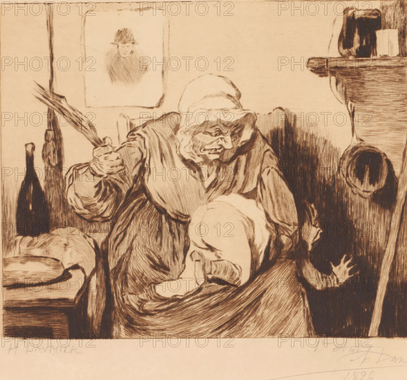 Child spanked by an old woman, print, annotation: '1er etat, deux epreuves', printmaker: Auguste Danse (signed by artist), after design by Honoré Daumier, 1896, paper, etching, drypoint, intaglio printmaking technique, height 458 mm x width 272 mm, feeling (one of the five senses), spanking, drubbing (of naughty children), An etching in sepia tones depicts an older person wearing a hooded garment and heavy drapery, shown from the torso upward with a furrowed, lined face and a clenched hand holding a bundle of long, narrow objects. A smaller, bald head appears in the foreground near the figure's arm. To the left, tall bottle shapes and vertical lines suggest stacked or leaning objects, while the background features a framed portrait of a person with a hat. On the right, a shelf holds a jug and a cylindrical object with a handle, and a rope or coiled element hangs nearby. The composition is rendered with dense, parallel etching lines and crosshatching, creating strong contrasts and textu...