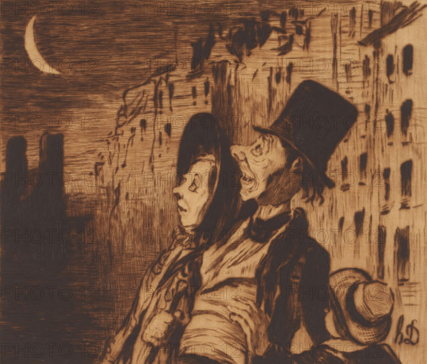 Family looking up at the crescent moon, print, annotation: '3me état, deux epreuves', printmaker: Auguste Danse (signed by artist), after design by Honoré Daumier, 1896, paper, Japanese paper (handmade paper), etching, drypoint, intaglio printmaking technique, height 257 mm x width 274 mm, family life, sight, looking (one of the five senses), waning moon, ie facing this way (, A sepia-toned illustration shows two figures in profile looking upward toward a crescent moon in a textured sky; the nearer figure is a man wearing a tall hat and a bow tie with visible facial wrinkles and an open mouth, and the other is a woman with long hair and a solemn expression; both figures wear layered clothing with visible folds and decorative elements, and a second hat rests near the woman's shoulder; the background includes rough vertical and horizontal strokes suggesting a wall or cityscape and dark vertical shapes on the left.
