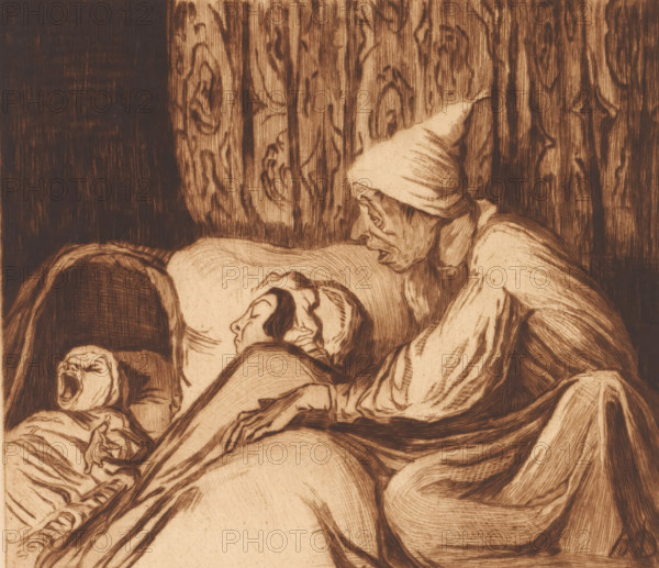 Baby in bed with parents, father cries awake, print, annotation: '2me etat, deux épreuves', printmaker: Auguste Danse (signed by artist), after design by Honoré Daumier, 1896, paper, etching, drypoint, intaglio printmaking technique, etching and drypoint with plate tone, printed in brown, height 275 mm x width 260 mm, watching a sleeping child, hearing, listening (one of the five senses), waking up, An etched sepia-toned scene showing a close-up of three figures on a bed against a wood-grain background, with a cloaked figure wearing a pointed cap leaning over another reclining figure whose face is turned to the side, and a third smaller figure at the foot of the bed with an open mouth; visible folds and lines define bedding and clothing, and the background shows vertical wood patterns.