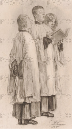Study of three singing altar boys, print, Detail of the left side of the painting The Madness of Hugo van der Goes., annotation: '1er etat', printmaker: Auguste Danse (signed by artist), after painting by Emile Charles Wauters, 1875, paper, etching, intaglio printmaking technique, height 265 mm x width 177 mm, choir (in church), Three figures stand close together wearing long flowing robes with darker collars and cuffs, two of them holding an open book that they appear to be looking at. The central figure is taller and faces slightly toward the viewer with a partially open mouth, the figure on the right looks down at the book with a similar expression, and the figure on the left is turned in profile toward the others. The robes show detailed folds and shading, and the lower parts of the garments fall over darker skirts and visible shoes. The drawing is rendered in pencil with fine line work and tonal shading on a light background.