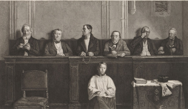 Churchgoers and an altar boy in the church, print, annotation: 'Dernier etat', printmaker: Auguste Danse (signed by artist), Mons (Belgium), 1880, paper, chine collé, etching, height 338 mm x width 470 mm, the congregation, Holy Mass (divine service, especially of Roman Catholic Church), A monochrome engraving shows a row of older men seated on a bench behind a wooden panel, each wearing dark coats and waistcoats and holding small books or resting their hands on the railing; one man has a beard and holds a small book with both hands, another sits with eyes closed, a central man looks to his side with folded hands, another leans forward holding a small book, one man touches his face with a hand near his eye, and the last holds a small book while resting a hand on the bench. In front of the bench a young person in a light-colored robe sits on a lower step with hands clasped in their lap and a solemn expression. To the left of the seated youth is an empty wooden chair with a woven seat an...