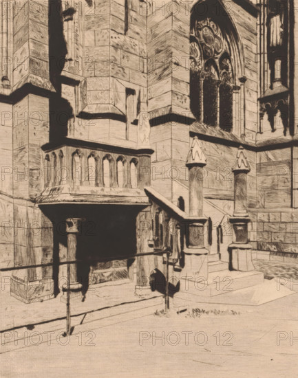Stairs at the facade of Notre-Dame in Paris, A Notre Dame Paris, print, annotation: '1er etat, 2 epreuves de c'est etat', printmaker: Auguste Danse (signed by artist), 1895, Auguste Danse, printmaker, paper, etching, drypoint, intaglio printmaking technique, height 307 mm x width 239 mm, church (exterior), Paris, A detailed architectural drawing of a stone building facade showing a series of carved columns, balustrades, and pilasters with strong shadowing; a large arched window with ornate circular tracery and dark panes sits toward the upper right, flanked by tall vertical stone blocks with visible horizontal joints and textured hatching; a raised platform or balcony with a row of narrow arched openings and a heavy projecting cornice appears on the left, supported by column shafts and bases; stepped stone platforms and railings lead down to the foreground where slender posts and ropes form a barrier, and low patches of grass and scattered stones lie on a paved surface.