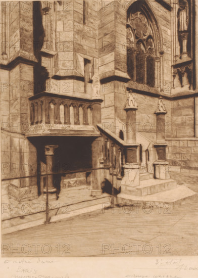 A Notre Dame Paris, Stairs on the facade of Notre-Dame in Paris, print, annotation: 'Gravure originale, 3m etat, epreuve unique', printmaker: Auguste Danse (signed by artist), 1895, paper, etching, drypoint, intaglio printmaking technique, height 307 mm x width 239 mm, church (exterior), Paris, A sepia-toned architectural scene showing a stone building facade with detailed masonry, a balustrade with arched openings, a small covered alcove supported by a column, stepped platforms, and two ornate columned pedestals topped with carved caps; an arched stained-glass window with tracery is visible in the upper right, flanked by sculpted figures set into recesses, and various shadows emphasize the carved lines and blocks of stone across the surfaces.