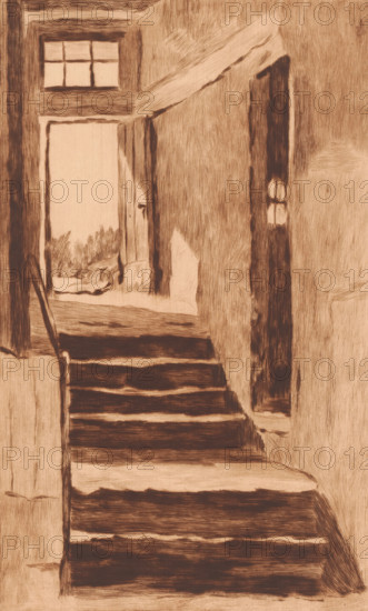 Interior with stairs to the outside door, print, annotation: '1re état Epreuve unique', printmaker: Auguste Danse (signed by artist), 1895, paper, etching, drypoint, intaglio printmaking technique, height 338 mm x width 244 mm, interior of the house, A narrow interior scene rendered in sepia tones shows a flight of worn wooden steps leading upward toward an open doorway, with light streaming from beyond and casting shadows on the stair treads and adjacent walls; a handrail runs along the left side of the stairs, and rough textured walls frame the stairwell, one wall featuring a dark vertical panel with two small bright rectangular areas; through the doorway a faint view of foliage and an exterior floor is visible, and above the door a small multi-pane window admits additional light.