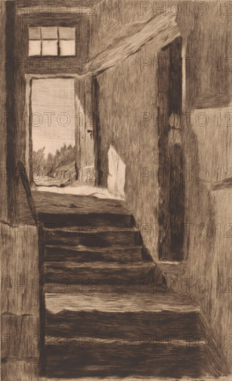 Interior with stairs to the outside door, print, annotation: '3eme etat, deux épreuves de c'est etat', printmaker: Auguste Danse (signed by artist), 1895, Auguste Danse, printmaker, paper, etching, drypoint, intaglio printmaking technique, height 365 mm x width 255mm, interior of the house, A narrow, dimly lit interior view shows a worn staircase leading upward toward an open doorway with light spilling through, a small window above the doorway, rough textured walls, and a handrail on the left side; beyond the open doorway a faint suggestion of outdoors with foliage is visible, and shadows and wood grain patterns create strong linear textures throughout the scene.