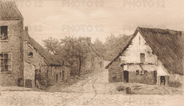 Village view with thatched buildings, print, annotation: '3eme état, deux epreuves', printmaker: Auguste Danse (signed by artist), 1897, paper, etching, drypoint, intaglio printmaking technique, height 243 mm x width 416 mm, village, A sepia-toned sketch of a rustic village scene showing several thatched and tiled roof buildings flanking a narrow unpaved lane that runs toward a cluster of trees in the distance, with detailed hatching and crosshatching indicating roof texture and weathered walls; on the left a larger multi-story structure with a shuttered window and a wheel leaning against its base sits beside a smaller outbuilding, while on the right a gabled house with timber and plaster facade stands behind a low fence and near scattered barrels, and bare branches and leafy trees rise between and behind the buildings under a broad, lightly shaded sky.