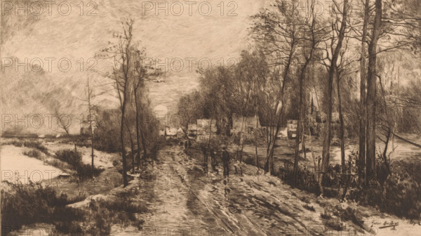 Nocturnal snow landscape with shadowy figures on the path, print, printmaker: Auguste Danse, after design by Gustave Den Duyts, 1885, paper, etching, drypoint, intaglio printmaking technique, height 259 mm x width 418 mm, full moon, night, landscape (sometimes titled 'Nox'), A sepia-toned landscape showing a muddy road flanked by bare trees and tall grasses, with a frozen or calm body of water visible to the left and more water or marsh to the right; small houses and a church with a spire sit among dense trees in the midground, and several small figures walk along the road, some accompanied by dogs; the sky is lightly textured with a low sun or bright area near the horizon, and the scene is rendered with fine cross-hatched lines and varied shading.