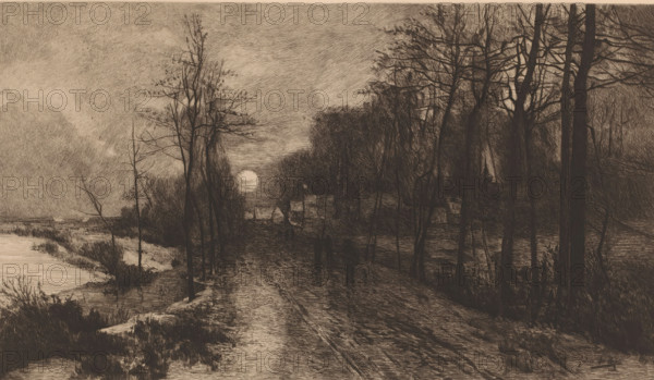 Nocturnal winter landscape with shadowy figures on the path, print, printmaker: Auguste Danse (signed by artist), after design by Gustave Den Duyts, 1885, paper, etching, drypoint, intaglio printmaking technique, height 259 mm x width 418 mm, full moon, night, landscape (sometimes titled 'Nox'), A monochrome landscape showing a dirt road flanked by bare trees that stretch upward with thin branches, a low sun near the horizon casting light between dense clusters of trees, a grouping of small buildings partially hidden by trees along the road, a figure standing on the road and another slightly further along, wet or reflective ground surfaces near a body of water at the left edge with reeds and low shrubs along its banks, textured clouds filling the sky, and long shadows and crosshatched shading throughout the scene.