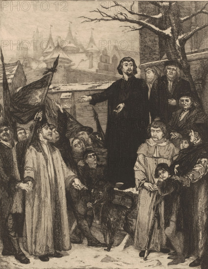 Group of men listening to Jacob van Artevelde, print, inscription: 'J van artevelde J Dieudonne Bruxelles', printmaker: Jules Dieudonné, printer (person): Joseph Bouwens, Brussels, 1879 - 1880, printer (person), paper, etching, intaglio printmaking technique, etching with plate tone, height 265 mm x width 210 mm, Print possibly published in: Album du journal des Beaux-Arts, dix eaux-fortes inédites. Brussels, Paris, Leipzig: Sn, 1879-1880., Person, Jacob van Artevelde, oral revolutionary action, A sepia-toned ink drawing of a crowd gathered around a central standing figure in dark robes who extends one hand outward while holding the other slightly raised, flanked by other standing men in period clothing with varied expressions; a man in a long cloak and fur collar holds a pole with a dark flag, several faces look upward toward the central figure, and a child leans against an adult who holds a cane; behind them is a stone wall and a bare tree with snow on its branches, and in the distan...
