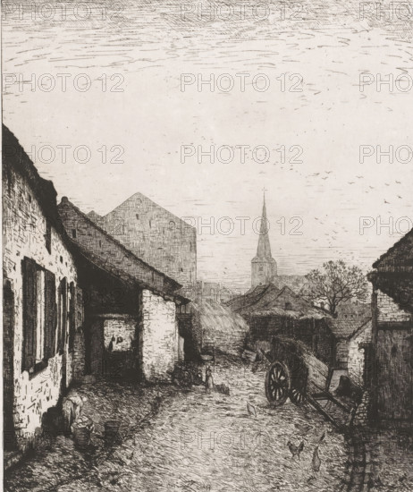 View of a yard in old Schaerbeek, print, inscription: 'Un Coin du vieux Schaerbeeke en 1871', printmaker: Jules Dieudonné, 1879, paper, chine collé, etching, intaglio printmaking technique, drypoint, plate tone and drypoint on chine collé, height 305 mm x width 265 mm, church (exterior), city-view, and landscape with man-made constructions, Schaerbeek, A narrow cobbled street runs between rows of old buildings with sloped roofs, showing rough stone and brick textures; a tilted wooden cart with large spoked wheels rests near the right foreground, and scattered birds peck on the ground; a lone figure stands further down the street near a small cart, while a person crouches by baskets near the left building; low clustered rooftops and a distant church steeple rise toward the horizon, and bare-branched trees appear near the right midground; the sky above is wide and filled with fine horizontal and wavy etched lines and small flocks of flying birds.