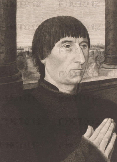 Donor portrait by Willem Moreel, print, inscription: '2 état', printmaker: Joseph Dujardin (signed by artist), after painting by Hans Memling, 1875 - 1899, paper, etching, height 275 mm x width 201 mm, Person, Willem Moreel, historical persons, adult man, hands folded, A monochrome engraved portrait of a man shown from the chest up, facing slightly to the right, with a straight-edged bowl haircut and a solemn expression; he wears a dark high-collared garment and holds his hands together in a prayer-like position near the lower right, with visible fingernails and textured sleeves; behind him are two fluted columns framing a distant landscape that includes trees, a winding path, and low buildings under a horizontally lined sky.
