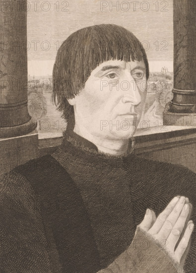 Donor portrait by Willem Moreel, print, inscription: '1e Etat', printmaker: Joseph Dujardin (signed by artist), after painting by Hans Memling, 1875 - 1899, paper, etching, height 280 mm x width 200 mm, Person, Willem Moreel, historical persons, adult man, hands folded, A detailed sepia-toned engraving of a person shown from the chest up, facing slightly to the right, with straight, bowl-cut hair and a high-collared dark garment. The face is rendered with fine cross-hatching, showing a long nose, straight brows, and a neutral mouth. The person's hands are visible in a prayer-like position at the lower right, with extended fingers and visible fingernails. Behind the figure are two large, textured columns flanking a window or opening that reveals a distant landscape with trees and low buildings. The entire image is composed of closely spaced engraved lines and dot shading.