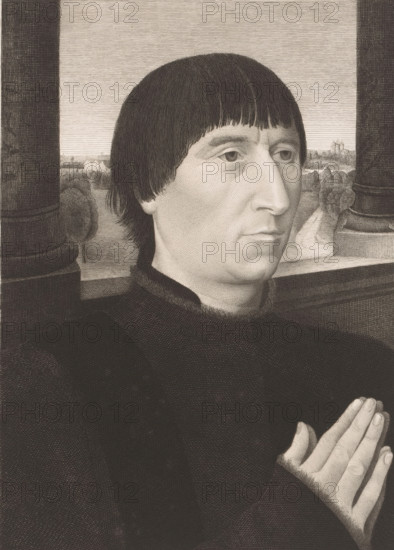Donor portrait of Willem Moreel, print, inscription: 'Dernier état', printmaker: Joseph Dujardin (signed by artist), after painting by Hans Memling, 1875 - 1899, paper, chine collé, etching, etching on chine collé, height 277 mm x width 201 mm, Person, Willem Moreel, historical persons, adult man, hands folded, A monochrome engraved portrait of a person shown from the chest up, facing three quarters to the right, with straight dark hair cut in a blunt fringe and a smooth, pale face with neutral expression; the figure wears a dark, textured garment with a high collar and has hands held together in a prayer-like position in the lower right, rendered with fine engraved lines; the background shows a stone balustrade with two large round columns on either side and a distant landscape of trees and a small building visible between the columns, all depicted with horizontal and crosshatched engraving strokes.