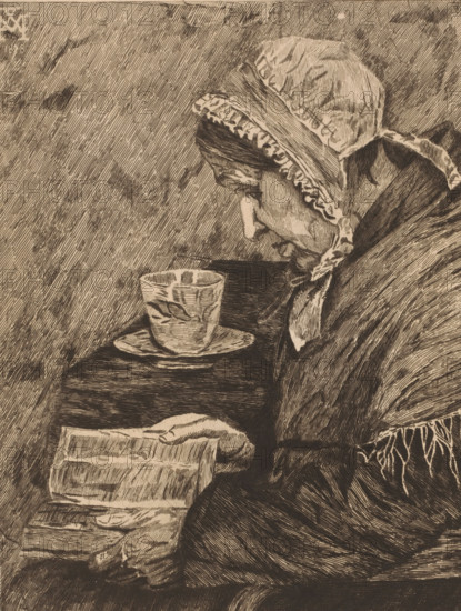 Old woman reading from a book and a teacup stands on the table, print, inscription: '1e Etat', printmaker: Joseph Dujardin (signed by artist), after design by Xavier Mellery, 1882, paper, etching, intaglio printmaking technique, etching with plate tone, height 307 mm x width 240 mm, old woman, reading, cup of tea, A monochrome etching shows an elderly person in profile wearing a bonnet with ruffled edging and a tied scarf under the chin, their head bowed toward a small table. On the table sits a cup on a saucer with a leaf-like decoration, and the person holds an open book or folded pages in their hands. The clothing appears textured and layered, with a shawl draped over the shoulders and fringe along one edge. The background is filled with closely hatched lines, and the overall image is rendered with fine, parallel etching strokes.