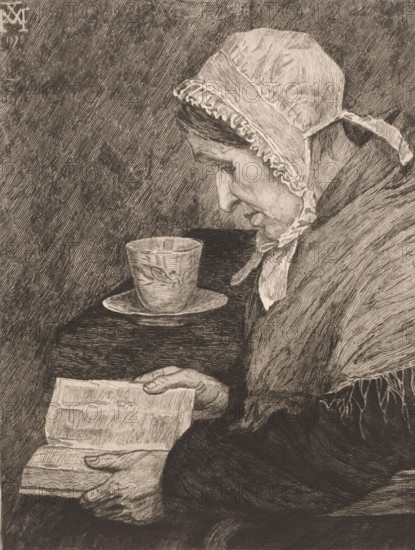 Old woman reading from a book and a teacup stands on the table, print, inscription: '3 ieme Etat', printmaker: Joseph Dujardin (signed by artist), after design by Xavier Mellery, 1882, paper, chine collé, etching, intaglio printmaking technique, etching with plate tone on chine collé, height 310 mm x width 238 mm, old woman, reading, cup of tea, A monochrome drawing of an elderly woman in profile wearing a bonnet with ruffled trim and a tied ribbon, her face turned downward toward an open book she holds in her hands, with a patterned cup and saucer placed on a nearby surface beside her.