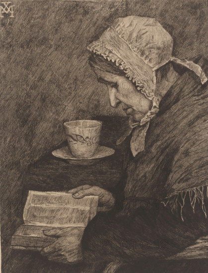 Old woman reading from a book and on the table there is a tea cup, print, inscription: '4 ieme Etat, 1e prize au concours d'aquafortiste journal ...', print maker: Joseph Dujardin (signed by artist), after design by Xavier Mellery, 1882, Joseph Dujardin, Xavier Mellery, printmaker, after design by, paper, chine collé, etching, intaglio printmaking technique, etching with plate tone on chine collé, height 310 mm x width 238 mm, old woman, reading, cup of tea, A monochrome drawing of an elderly woman in profile wearing a frilled bonnet and a shawl, her face shown with lined features and a downcast expression as she looks toward a cup on a saucer placed on a surface beside her; her hands hold an open book with visible pages and another closed book beneath, and the background is filled with closely hatched lines.