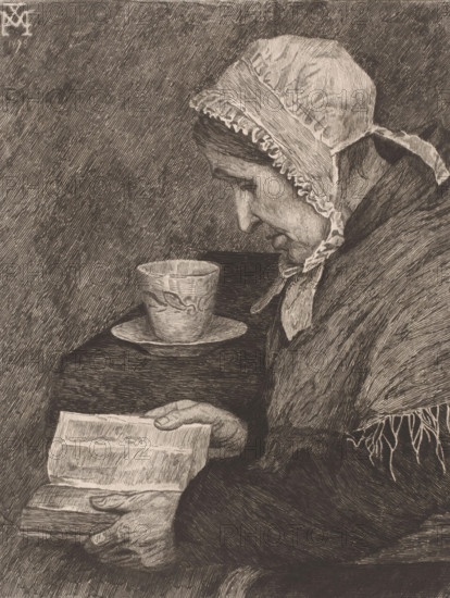 Old woman reading from a book and a teacup stands on the table, print, printmaker: Joseph Dujardin, after design by Xavier Mellery, 1882, paper, etching, intaglio printmaking technique, etching with plate tone, height 310 mm x width 240 mm, old woman, reading, cup of tea, An elderly woman in profile wears a bonnet with a ruffled edge and a tied ribbon under her chin, her face shown with detailed lines and a downturned expression as she looks toward a cup on a saucer resting on a table; she holds an open book in her hands and is draped in a shawl with fringed edges, all rendered in fine crosshatched strokes against a textured background.