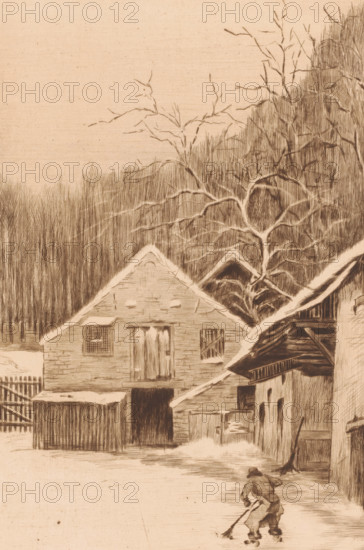 View of a farmhouse near Uccle, print, A figure sweeps the yard., inscription: '2 etat, à Uccle au Cornet, 2 epreuves du c'est etat', printmaker: Joseph Dujardin (signed by artist), 1895, Joseph Dujardin, printmaker, paper, etching, drypoint, intaglio printmaking technique, plate tone and drypoint, height 370 mm x width 260 mm, farm or solitary house in landscape, Uccle, A sepia-toned sketch shows a rural scene with a peaked-roof barn front and adjacent wooden buildings, timber siding and shuttered windows, and a fenced area to the left; bare trees with intricate branches rise behind the structures against a densely hatched background of trees, and a snow-covered roofline cuts diagonally across the right side; in the foreground a figure wearing winter clothing pushes a broom or shovel across a snow-covered ground.