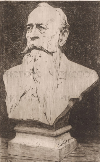 Bust of an unknown man with a long beard and a mustache, print, mark: '... 22', printmaker: Josué Dupon, 1874 - 1909, paper, etching, intaglio printmaking technique, etching with plate tone, height 355 mm x width 225 mm, piece of sculpture, reproduction of a piece of sculpture, adult man, beard, A monochrome etched bust of an older man with a long flowing beard and a large mustache sits on a rectangular plinth, the head turned slightly to one side with deep-set eyes and pronounced facial lines, rendered with fine crosshatching and textured strokes against a dark hatched background, the shoulders and upper chest visible and the beard cascading down over the front of the pedestal.