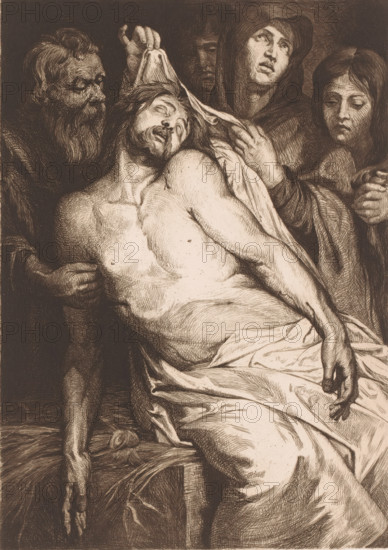 Lamentation of Christ, print, printmaker: Josué Dupon, after painting by Peter Paul Rubens, 1874 - 1909, paper, etching, intaglio printmaking technique, etching with plate tone, height 315 mm x width 239 mm, the mourning over the dead Christ, A sepia-toned etching shows a reclining male figure with closed eyes and a tilted head, his bare torso exposed and draped lower by a loosely wrapped cloth, one arm hanging limp and the other supported; surrounding him are four other figures with varied expressions, two of them holding a cloth near his head, one with a long beard looking toward him, another wearing a hood glancing upward, and a young person on the right with downcast eyes; detailed crosshatching renders hair, beards, folds of drapery, and the contours of muscles and hands, while a small circular object and a coiled rope lie near the base of the composition.