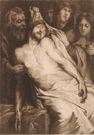 Lamentation of Christ, print, mark: 'Antwerpsche Etsers 1880.', printmaker: Josué Dupon (signed by artist), after painting by Peter Paul Rubens, 1874 - 1909, paper, etching, intaglio printmaking technique, etching with plate tone, height 318 mm x width 240 mm, the mourning over the dead Christ, A detailed sepia-toned drawing shows a lifeless male torso draped across fabric, his head tilted back with closed eyes and hair falling over his forehead, a beard on his face, and one arm hanging limp downward while the other rests across his body. Around him are three figures with solemn expressions; one older bearded man on the left supports the torso with a hand near the chest, a hooded figure behind holds a cloth up near the head, and a younger person on the right looks downward with folded hands. The composition emphasizes the contours of muscles, the folds of drapery, and textured shading across the skin and garments.