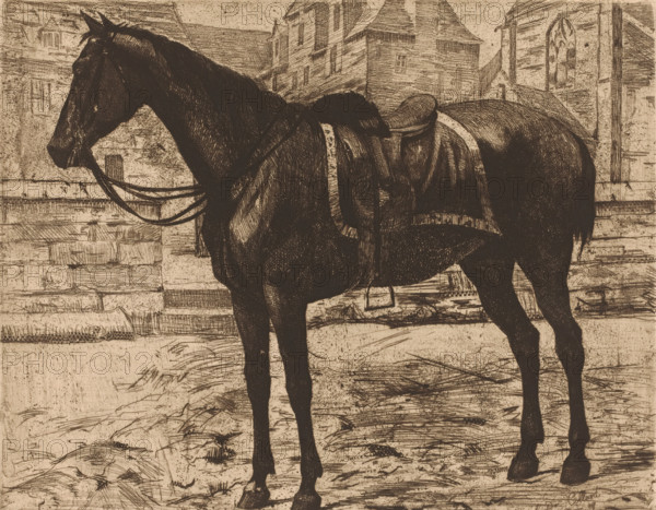 Saddled horse with buildings in the background, print, printmaker: Josué Dupon, after design by Armand Collard (possibly), 1874 - 1909, paper, etching, intaglio printmaking technique, drypoint, drypoint and plate tone, height 230 mm x width 292 mm, horse, A sepia-toned etching showing a horse in profile facing left, fitted with a saddle and bridle, standing on a textured ground with sketchy grass and marks; behind the horse are stone steps and a low wall leading to buildings with detailed brick and timber facades and windows, including a structure with a tall arched window, all rendered with fine cross-hatching and stippled shading.