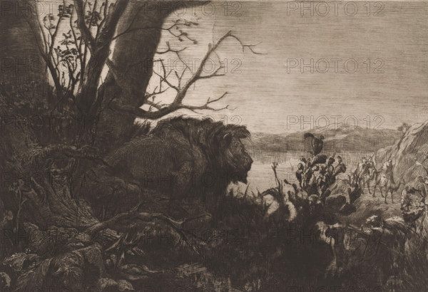 Lurking lion, print, Landscape with a lion leering at a passing caravan., mark: 'Antwerpsche Etsers 1880.', printmaker: Josué Dupon, 1874 - 1909, paper, etching, intaglio printmaking technique, drypoint, plate tone and drypoint, height 240 mm x width 320 mm, beasts of prey, predatory animals: lion, hoofed animals: dromedary, landscapes (landscape with figures, staffage), A dark, detailed drawing showing a dense foreground of twisted tree trunks, roots, and thick foliage on the left, with a large, shaggy animal-like figure reclining near the center facing right. Bare, gnarled branches extend toward a wide, pale sky that fills the upper right. In the middle distance there is a shoreline or open plain with clustered plants and flowering stems, and small humanlike silhouettes moving along a path near a rocky outcrop on the right. Distant low hills run across the horizon beneath the textured sky.