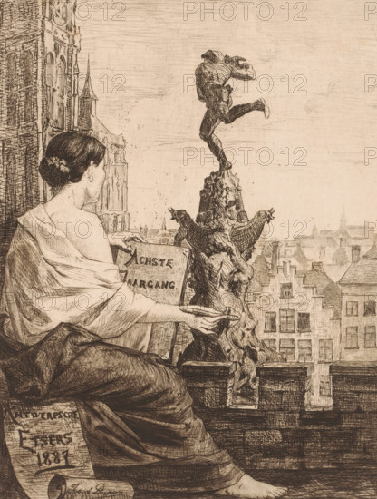 Allegorical figure with writing implements in her hand looking towards the statue in the Antwerp market, Eighth Year, Antwerp Etchers 1887, Album of the Antwerp Etchers 1887, print, title page, mark: 'Antwerp Etchers 1880', printmaker: Josué Dupon, 1887, paper, etching, roulette, etching and roulette, height 319 mm x width 242 mm, This print is probably intended as the title page for: Album of the Antwerp Etchers. Sl: Association of the Antwerp Etchers, 1887., piece of sculpture, reproduction of a piece of sculpture, market, sitting figure - AA - female human figure (back view), Antwerp, A sepia-toned etching shows a woman seated on a ledge, turned slightly away with her hair coiled in a bun and a draped garment exposing one shoulder, her arm extended toward a book or tablet held upright; behind her, ornate gothic architecture rises with spires and a clock tower, and a cityscape of rooftops and windows stretches into the background; in the midground a carved stone pedestal topped by a ...