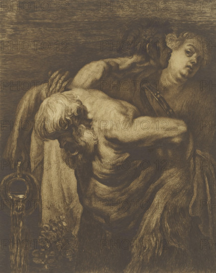 Drunken Silenus with two Bacchantes, print, inscription: 'Daprès Van Dyck, 3e état, 2 epreuves de c'est etat AD', printmaker: Alfred Florent Duriau (signed by artist), after design by Anthony van Dyck, 1887 - 1909, Alfred Florent Duriau, Anthony van Dyck, printmaker, after design by, paper, etching, intaglio printmaking technique, etching with plate tone, height 340 mm x width 284 mm, (story of) Silenus, A dark-toned engraving shows three human figures closely grouped, with a muscular back and shoulder in the foreground, a bearded head bent downward and turned to the side, and a pale-faced head with expressive eyes looking outward; one figure appears to rest an arm across another, and a hand with long fingers clasps the shoulder area. The scene is rendered with dense, directional hatch marks creating textured skin, hair, and drapery, with flowing, wavy hair on two heads and tightly curled hair on the bearded figure. A looped circular object hangs at the left edge, and a vertical column...