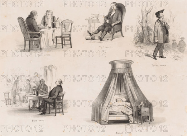 Activities of the delegates in the afternoon and evening at the synod, 1849, Proceedings of the Reformed Synod 1849, Nascitur ridiculus mus, cartoon, print, Caricature of the meeting of the General Synod of the Reformed Church in Amsterdam on July 4, 1849. Depicted are the activities of the delegates at the synod between three o'clock in the afternoon and twelve o'clock at night: eating, resting, walking, drinking, sleeping., printmaker: attributed to workshop of Carel Christiaan Antony Last, printmaker: attributed to Alexander Ver Huell, publisher: Noman & Zoon, Johan, Zaltbommel, Carel Christiaan Antony Last, Attributed to, paper, lithography, height 225 mm x width 300 mm, organizations, assemblies, etc. in Protestant churches, Amsterdam, A sheet with several charcoal or pencil vignettes arranged across it: at the top left two men sit at a small round table with bottles and glasses while another empty wooden chair stands nearby; at the top center a man in a chair reclines with legs e...