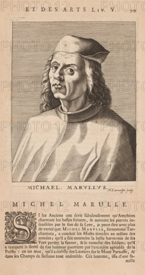 Portrait of Michael Tarchaniota Marullus, print, book illustration, printmaker: Nicolas de Larmessin (I), publisher: François Foppens, Brussels, 1682, paper, engraving, letterpress printing, letterpress text, height 181 mm x width 132 mm, height 337 mm x width 212 mm, Print used for: Bullart, Isaac. Académie des Sciences et Arts contenant les vie et éloges his. the people's illustrations show their excellence and their professions in their environment throughout their lives. Brussels: François Foppens, 1682. The book was also published in Amsterdam in 1682 by the heirs of Daniel Elzevier. Each portrait is an illustration accompanying the biography of an artist or scholar. Most of the portraits were produced by Nicolas de Larmessin (162), 93 by De Boulonois and a third by unidentified printmakers. This concerns an illustration on p. 319, part II., Person, Michael Tarchaniota Marullus, historical persons, portrait of a writer, A sepia-toned engraved portrait of a man shown from the chest...
