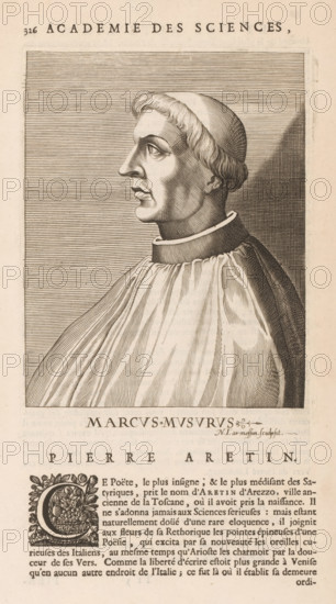 Portrait of Marcus Musurus, print, book illustration, printmaker: Nicolas de Larmessin (I), publisher: François Foppens, Brussels, 1682, paper, engraving, letterpress printing, text in letterpress on verso, height 184 mm x width 134 mm, height 337 mm x width 205 mm, Print used for: Bullart, Isaac. Académie des Sciences et Arts contenant les vie et éloges his. the people's illustrations show their excellence and their professions in their environment throughout their lives. Brussels: François Foppens, 1682. The book was also published in Amsterdam in 1682 by the heirs of Daniel Elzevier. Each portrait is an illustration accompanying the biography of an artist or scholar. Most of the portraits were produced by Nicolas de Larmessin (162), 93 by De Boulonois and a third by unidentified printmakers. This concerns an illustration on p. 324, part II., Person, Marcus Musurus, historical persons, portrait of a writer, scholar, philosopher, A portrait engraving of a man shown in profile facing l...