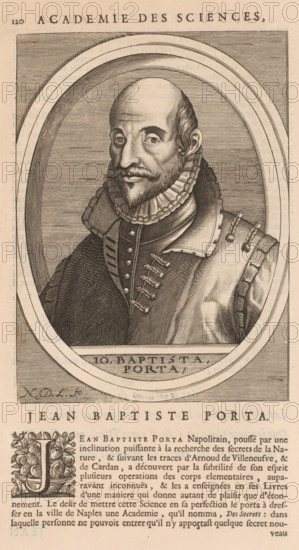 Portrait of Giambattista della Porta, print, book illustration, printmaker: Nicolas de Larmessin (I), publisher: François Foppens, Brussels, 1682, paper, engraving, letterpress printing, letterpress text, height 189 mm x width 139 mm, height 320 mm x width 200 mm, Print used for: Bullart, Isaac. Académie des Sciences et Arts contenant les vie et éloges his. the people's illustrations show their excellence and their professions in their environment throughout their lives. Brussels: François Foppens, 1682. The book was also published in Amsterdam in 1682 by the heirs of Daniel Elzevier. Each portrait is an illustration accompanying the biography of an artist or scholar. Most of the portraits were produced by Nicolas de Larmessin (162), 93 by De Boulonois and a third by unidentified printmakers. This concerns an illustration on p. 120, part II., Person, Giambattista della Porta, historical persons, scholar, philosopher, An engraved oval portrait of a man shown from the chest up, wearing a...