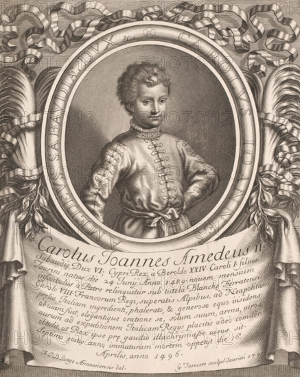 Portrait of Duke Carolus Joannes Amadeus II, Portraits of the Dukes of Savoy, print, Series number, 24, Under his image a banderole with biographical information., printmaker: Georges Tasnière, Turin, after drawing by François de l' Ange, Annecy, 1701, Georges Tasnière, François de l' Ange, Piemonte, paper, engraving, etching, height 277 mm, width 219 mm, Part of a series entitled 'Augustae regiaeque Sabaudae domus Arbor gentilitia regiae celsitudini Victori Amedeo II' with portraits by Giffart and Tasnière of members of the House of Savoy, published in 1702 by Francesco Maria Ferrero di Lavriano., Person, Philip II (Duke of Savoy), historical persons (portraits and scenes from the life) (half-length portrait), A detailed engraved portrait of a young person framed within an ornate oval medallion, showing a short curly hairstyle and a composed facial expression, wearing a high-collared garment with decorative fastenings and a sash tied at the waist, with one hand resting on the hip. The...
