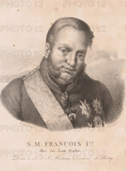 SM François 1er, Roi des deux Siciles, Portrait of Francis I of the Both Sicilies, print, after painting by Louis Nicolas Lemasle, printer (person): Gottfried Engelmann, Paris, dedicated to: Maria Carolina of Bourbon-Sicily, 1816 - 1839, printmaker, printer (person), paper, lithography, height 315 mm x width 235 mm, Person, Francis I (King of the Both Sicilies), historical persons, A sepia-toned portrait of a man shown from the chest up, facing slightly to his left with a solemn expression, short hair combed to one side, sideburns and a rounded face; he wears a dark uniform with a wide sash across his torso and multiple ornate medals and star-shaped decorations pinned to his chest, a decorative clasp or chain near his neck, and a textured background that fades into lighter tones around the head and shoulders.