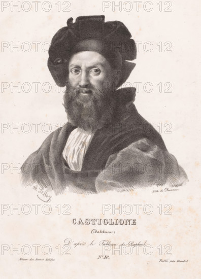 Portrait of Baldassare Castiglione, Castiglione (Balthasar), print, Series number, 10, printmaker: Adolphe Le Roy, after painting by Rafaël, printer (person): Pierre François Ducarme, Paris, publisher: Blaisot, 1826, Raphael, printer (person), paper, lithography, height 290 mm x width 214 mm, Print used for: Album des jeunes artistes, 1826., Person, Baldassare Castiglione, historical persons, A monochrome portrait of a bearded man shown from the chest up wearing a dark voluminous head covering and layered robes, his face turned slightly toward the viewer with visible eyes, nose, mouth, and textured facial hair, rendered with fine stippling and shading on a light speckled background.