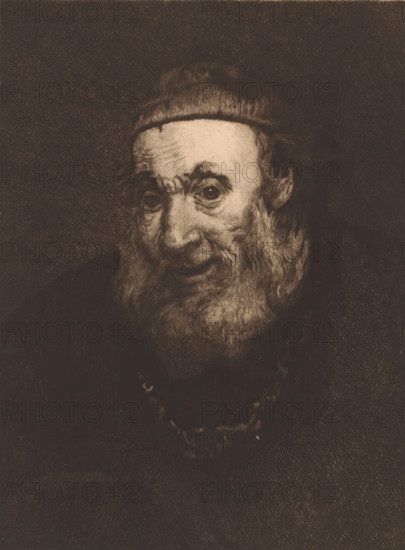 Head of an old man, print, printmaker: Charles Théodore Bernier (signed by artist), after painting by Rembrandt van Rijn, 1887, paper, etching, drypoint, intaglio printmaking technique, plate tone and drypoint, height 291 mm x width 212 mm, old man, An older man with a rounded cap and a full, textured beard fills the frame, his face rendered in fine, crosshatched lines that emphasize wrinkles around his eyes and forehead; his gaze is directed slightly to the side, and his mouth is partially open, revealing the suggestion of teeth, while dark clothing and a necklace with rounded beads are visible against a heavily shaded background.