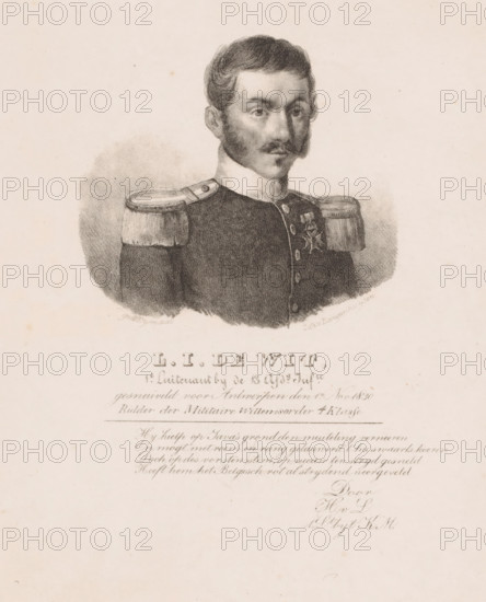 Portrait of Lieutenant LJ de Wit, print, The sitter is wearing a uniform with a knightly order. Below the portrait is his name and a four-line caption by H. v. L., printmaker: L. Eymaal, printer (person): Langenhuysen, The Hague, in or after 1830, printer (person), paper, lithography, lithografie, height 280 mm x width 225 mm, height 340 mm x width 250 mm, Bottom left of the portrait: 'gedr. Eymaal'. This suggests that Eymaal is the printer. According to van Someren, the print is 'by Eymaal at Langenhuijsen'. Eymaal may possibly have been in the service of Langenhuijsen. Eymaal could also refer to 'L. Eymaal', a printer in Utrecht in 1836 and 1837., Person, LJ de Wit, historical persons ((full) bust portrait), knighthood order, A monochrome portrait drawing of a man shown from the chest up wearing a dark military jacket with light-colored high collar and shoulder epaulettes with fringes, a small medal pinned to his chest, short dark hair with sideburns and a thin mustache, a neutral fa...