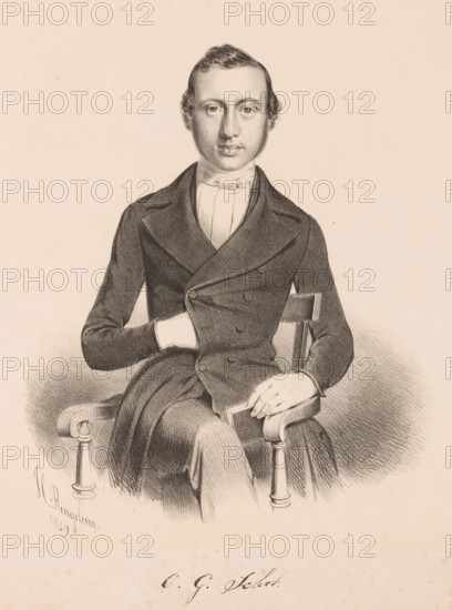 CG Schot, Portrait of CG Schot, print, printmaker: Hendrik Ringeling, Leiden, 1849, paper, chine collé, lithography, lithography on chine collé, height 325 mm x width 246 mm, historical persons, A seated man is depicted in a detailed pencil or charcoal drawing wearing a dark double-breasted coat and a light high-collared shirt with a neckcloth; he sits with one arm bent and tucked inside his coat and the other resting on the arm of a wooden chair while holding a book, his legs crossed and his hands visible, and his hair is short and wavy with sideburns, set against a plain light background.
