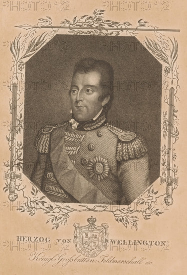 Portrait of Arthur Wellesley of Wellington, print, printmaker: Gottfried Arnold Lehman, after painting by Robert Home, publisher: M. Levy, Berlin, 1780 - 1869, paper, stippelwerk, crayon manner, height 274 mm x width 205 mm, Person, Arthur Wellesley of Wellington, historical persons, armorial bearing, heraldry, A sepia-toned engraved portrait shows a man in a decorated military uniform framed by an ornate border of leaves, vines, and crossed swords. The man faces slightly to his left with short hair and a composed expression, wearing epaulettes with braided fringe, a high collar with a knot, a sash across his chest, and multiple medals and rosettes pinned to his coat. The rectangular portrait area has an octagonal inner edge filled with fine crosshatching, and decorative botanical elements extend into the surrounding margin along with vertical sword motifs ending in ornamental hilts. Below the portrait a heraldic shield topped by a crown is flanked by scrollwork and foliage.