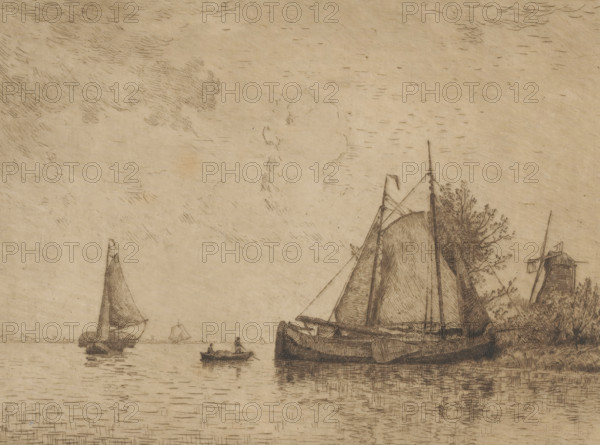 View of the Meuse, print, View of the Meuse with two sailboats and a rowboat in the foreground. A windmill on the right., printmaker: Alphonse Stengelin (signed by artist), dedicated to: Ernst Wilhelm Moes, 1862 - 1910, paper, etching, intaglio printmaking technique, etching with plate tone in brown, height 208 mm x width 267 mm, sailing-ship, sailing-boat, windmill in landscape, river, Meuse, A sepia-toned sketch of a waterscape showing several sailing vessels on calm water, with a large sailboat docked at the right foreground displaying tall masts and rigging, nearby foliage and a windmill-like structure behind it, smaller boats and rowers further out on the water, distant sails on the horizon, and a sky filled with light, short hatch-mark clouds and subtle horizontal strokes.