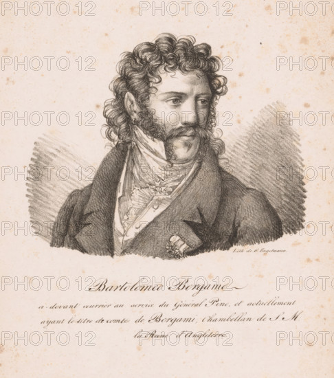 Bartolomeo Bergamo, Portrait of Bartolomeo Bergami, print, printer (person): Gottfried Engelmann, Paris, 1820, printmaker, printer (person), paper, lithography, height 309 mm x width 242 mm, Person, Bartolomeo Bergami, historical persons, A pencil or charcoal portrait of a man shown from the chest up wearing a dark coat and a layered cravat, with curly hair and prominent sideburns and mustache, looking slightly to the side; the background is a light paper with scattered age spots and shading strokes around the figure.