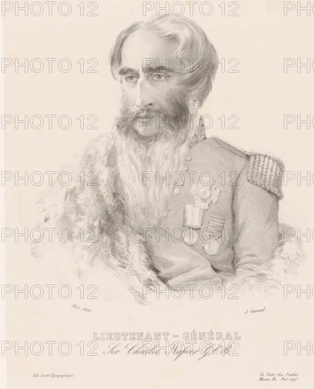 Lieutenant-Général Sir Charles Napier GCB, Portrait of Charles James Napier, print, printmaker: Jacques Guiaud, printer (person): Société typographique de Nice, Nice, 1848, printer (person), Provence-Alpes-Côte d'Azur, paper, chine collé, lithography, height 413 mm x width 307 mm, Person, Charles James Napier (Sir), historical persons, A detailed pencil portrait of a man shown from the chest upward wearing a heavy fur cloak over a decorated military uniform, with epaulettes on one shoulder and several medals pinned to the chest; he has a long full beard and prominent moustaches, high forehead with swept hair, and a serious expression with eyes looking slightly to one side, all rendered in fine shaded lines on a pale background.