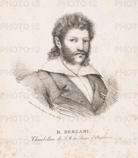 Portrait of Bartolomeo Bergami, D. Bergami, Chambellan de PM la Reine d'Angleterre, print, printmaker: Charles Philibert de Lasteyrie du Saillant, printer (person): Charles Philibert de Lasteyrie du Saillant, Paris, c. 1820, Charles Philibert de Lasteyrie du Saillant, printmaker, printer (person), paper, lithography, height 314 mm x width 239 mm, Person, Bartolomeo Bergami, historical persons, A charcoal or pencil portrait of a man shown from the chest up wearing a dark coat with a wide, light-colored collar and a light shirt beneath, his face framed by curly hair and prominent sideburns leading into a moustache and beard, a small hoop earring visible on one ear, his expression neutral with eyes looking slightly to the side, rendered on a speckled, aged paper background with visible shading lines around the shoulders and faint decorative strokes surrounding the figure.