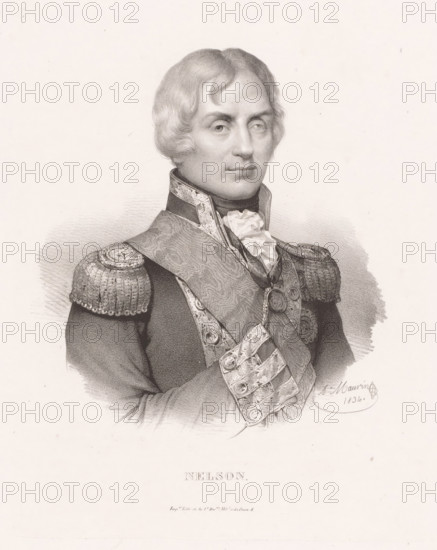 Portrait of Horatio Nelson, Duke of Bronte, Nelson, print, check stamp, printmaker: Antoine Maurin, printer (person): Imprimerie lithographique de la 1e division Militaire, Paris, 1834, printer (person), paper, lithography, height 366 mm x width 275 mm, Person, Horatio Nelson (Duke of Bronte), historical persons, officer, A monochrome portrait of a man shown from the chest up wearing a decorated military uniform with ornate epaulettes and a patterned sash across his chest, a frilled cravat at his neck, and a round medal suspended on a ribbon; he has wavy hair, a composed facial expression, and is looking slightly to one side against a plain light background.
